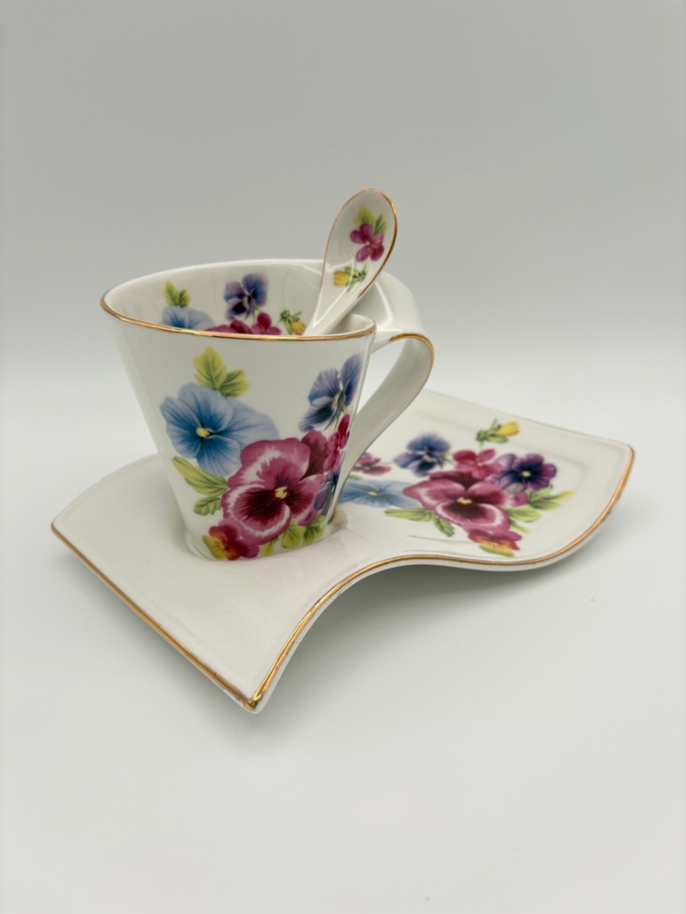 Adeline Fine Porcelain Teacup Saucer Spoon Set Pansy Gold Trim 3pc - Picture 2 of 15